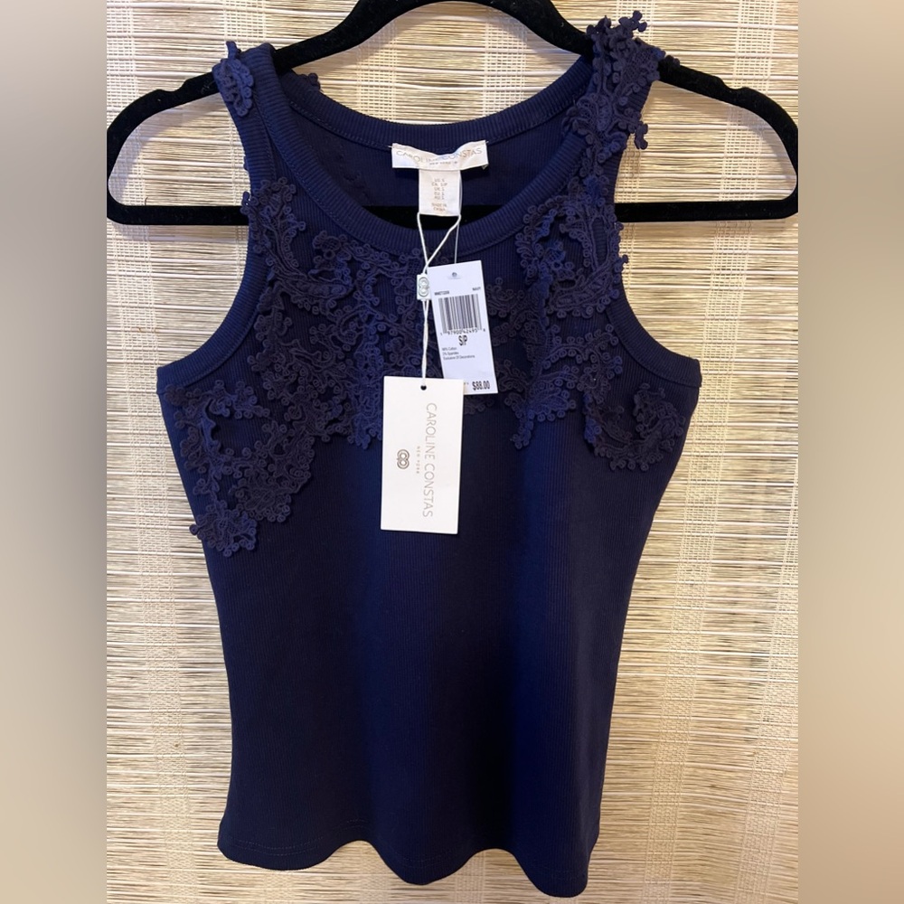 Caroline Constas Beautiful & Elegant Navy Blue Lace-Embellished Top Sz. S - Picture 4 of 14